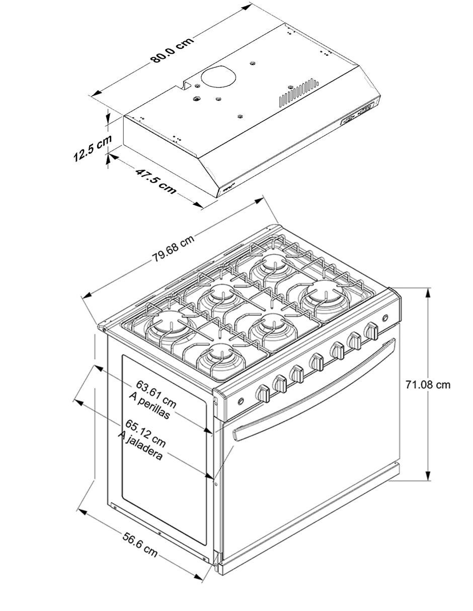 Estufa Gas natural/lp Estufa: 79.68 cm y Campana: 80 cm 6 quemadores 11
